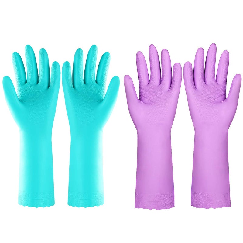 Elgood Reusable Dishwashing Cleaning Gloves with Latex free, Cotton lining,Kitchen Gloves 2 Pairs,Purple+blue large - Image 1